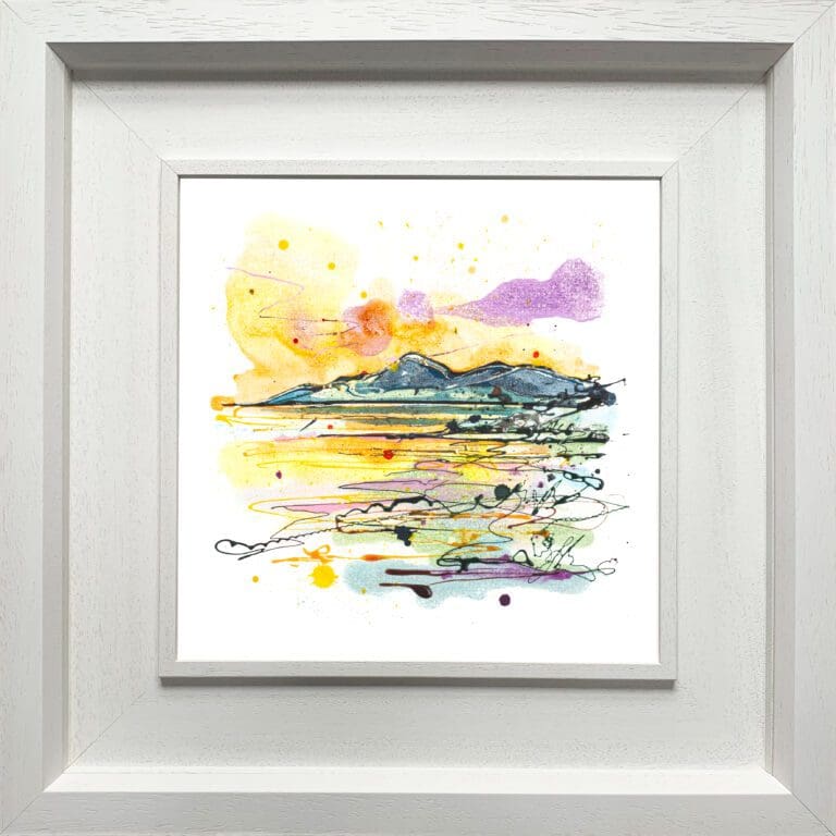 A landscape print by Kathryn Callaghan, named 'The Mournes at Sunset', displayed in a Deluxe White frame.