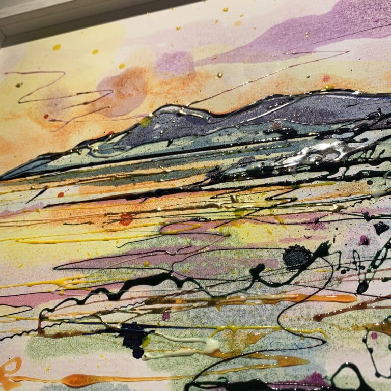 Close up detail of The Mournes at Sunset, an original County Down landscape painting, to show the texture and detail of ink and gel on the surface, and the use of gold and silver leaf.