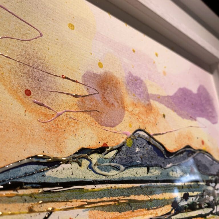 Close up detail of The Mournes at Sunset, an original County Down landscape painting, to show the texture and detail of ink and gel on the surface, and the use of gold and silver leaf.