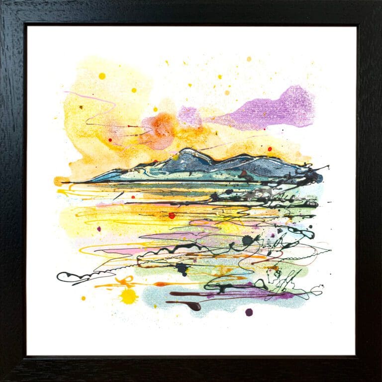 A landscape print by Kathryn Callaghan, named 'The Mournes at Sunset', displayed in a Standard Black frame.