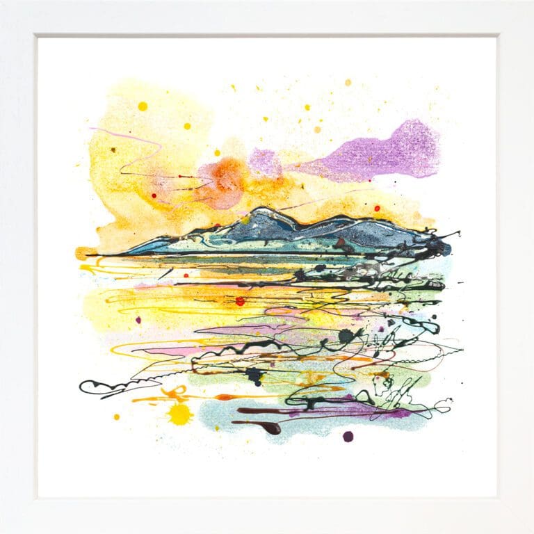 A landscape print by Kathryn Callaghan, named 'The Mournes at Sunset', displayed in a Standard White frame.