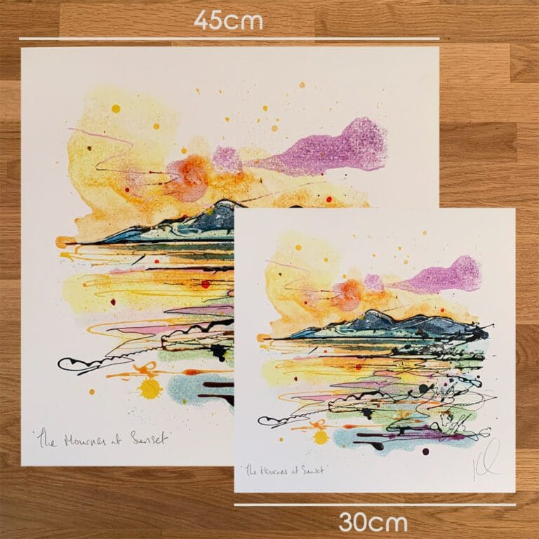 Two prints of The Mournes at Sunset Kathryn Callaghan to show the size difference between the 45cm print and the 30cm print.