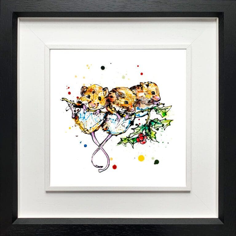 A harvest mice print by Kathryn Callaghan, named 'Three Amigos', displayed in a Deluxe Black frame.