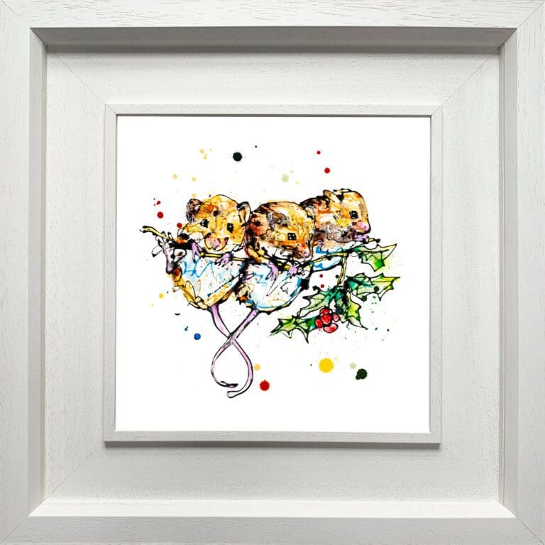 A harvest mice print by Kathryn Callaghan, named 'Three Amigos', displayed in a Deluxe White frame.