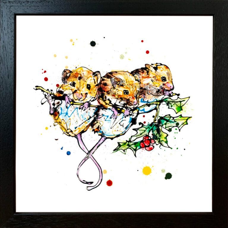 A harvest mice print by Kathryn Callaghan, named 'Three Amigos', displayed in a Standard Black frame.