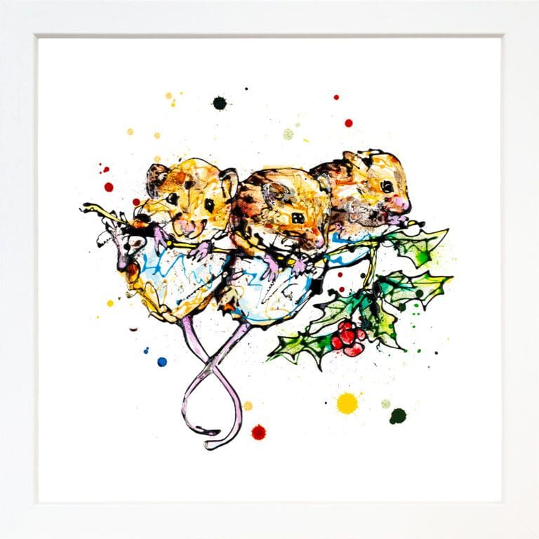 A harvest mice print by Kathryn Callaghan, named 'Three Amigos', displayed in a Standard White frame.