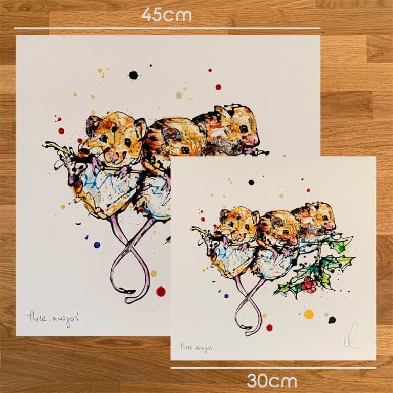 Two prints of Three Amigos Kathryn Callaghan to show the size difference between the 45cm print and the 30cm print.