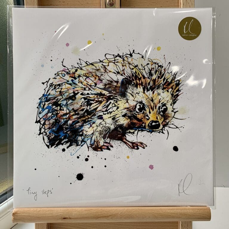 A print of Tiny Steps by Kathryn Callaghan, which features a wide eyed hedgehog. The 30cm print is presented flat in a clear cello bag with a golden KC sticker in the top right.