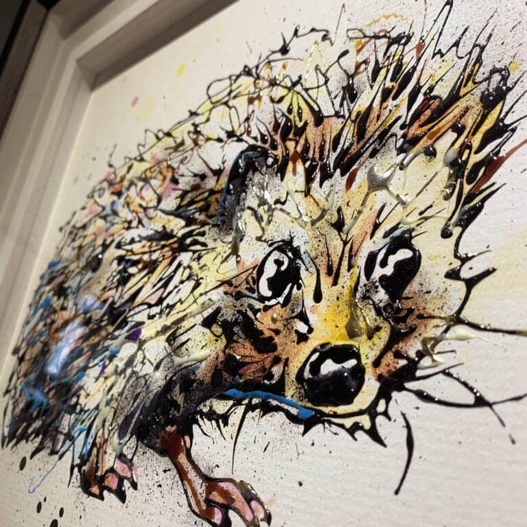 Close up detail of Tiny Steps, an original hedgehog painting, to show the texture and detail of ink and gel on the surface, and the use of gold and silver leaf.