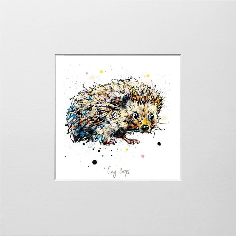 A digital mockup showing how a miniature print of Tiny Steps by Kathryn Callaghan will look presented in a 23cm mount. Tiny Steps features a cute hedgehog.