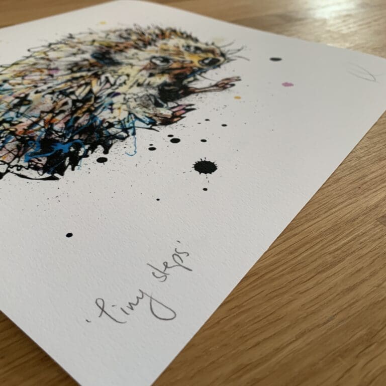 Photograph of Tiny Steps by Kathryn Callaghan, which shows the print's title handwritten in the bottom left corner and the artist's signature in the bottom right, with space between to add a custom personalisation.