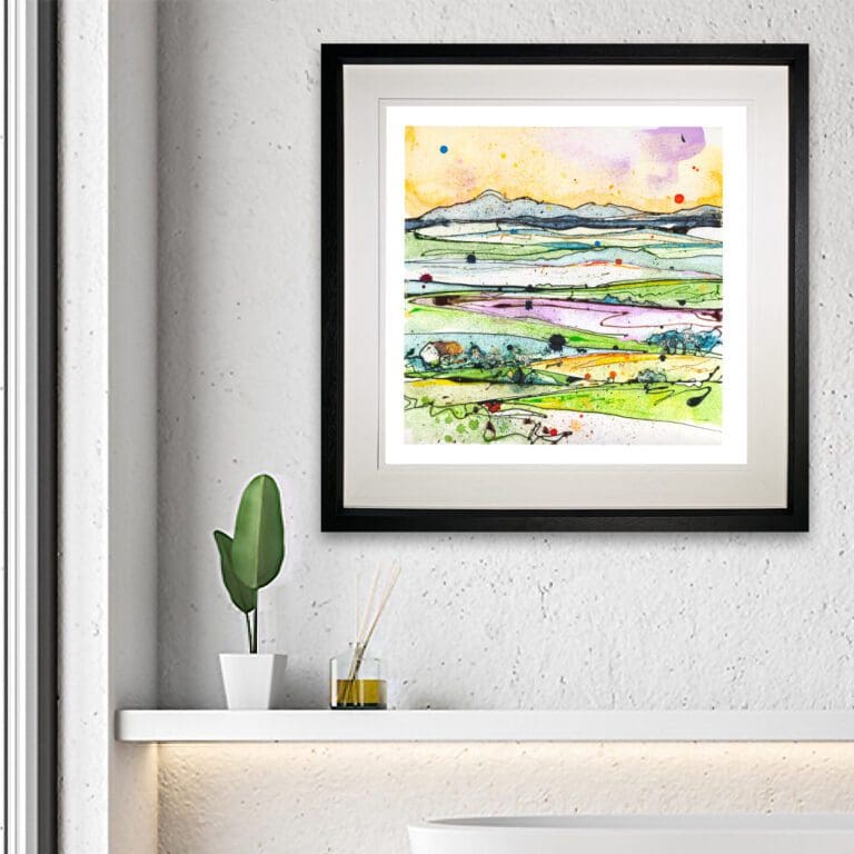 Across the Drumlins, a 45cm Kathryn Callaghan landscape print shown in Deluxe Black Frame in Situ