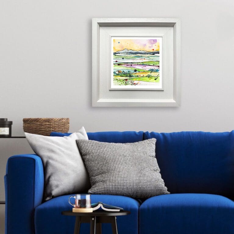 Across the Drumlins, a landscape print by Kathryn Callaghan, in a Deluxe WHite Frame in Situ