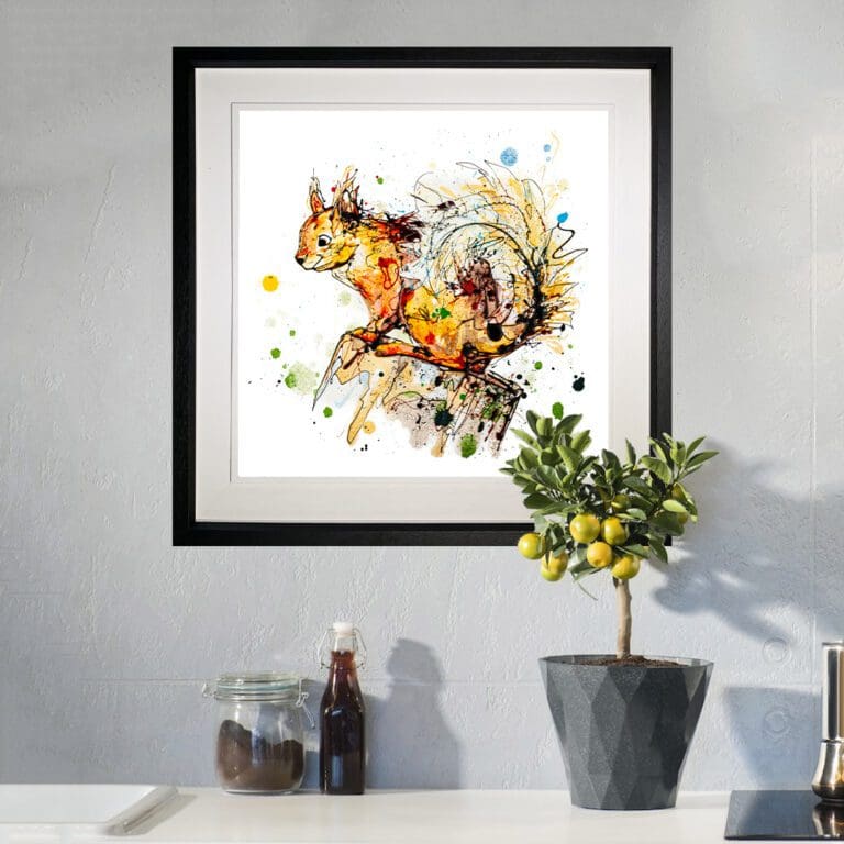 Happy Go Lucky 45cm Print, a squirrel by Kathryn Callaghan, shown in Deluxe Black Frame in Situ