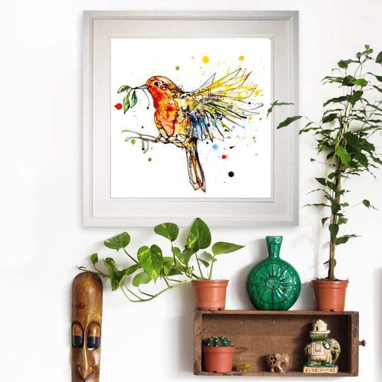 I'm Home, a 45cm robin Print in a Deluxe White Frame in Situ