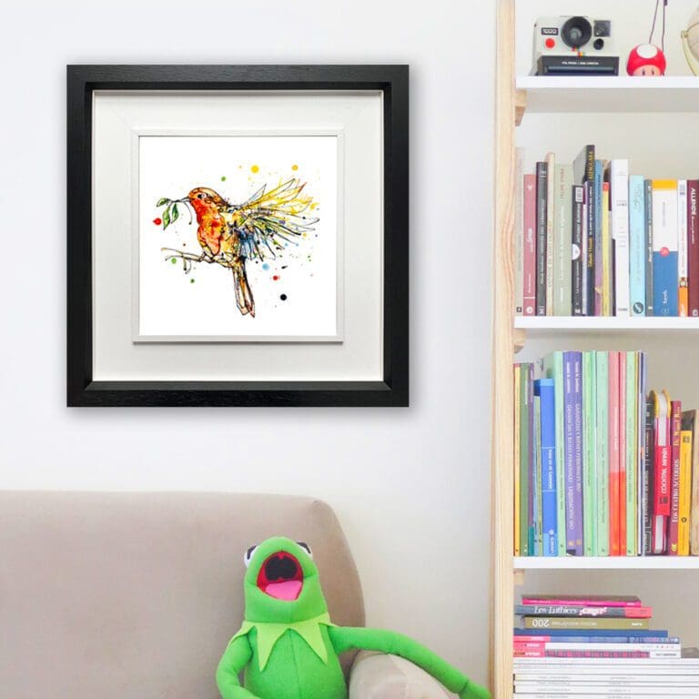 I'm Home, a robin print by Kathryn Callaghan, shown in a Deluxe Black Frame in Situ