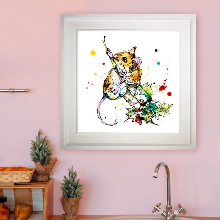 Just Hanging Around, a 45cm mouse Print shown in Deluxe WHite Frame in Situ