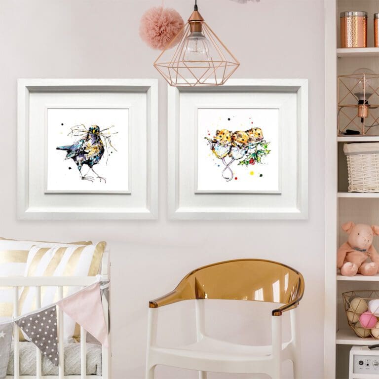 Nesting and Three Amigos, prints by Kathryn Callaghan, displayed in situ in Deluxe WHite FRames