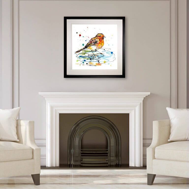 Reflect, a 45cm Robin Print shown in Deluxe Black Frame in Situ