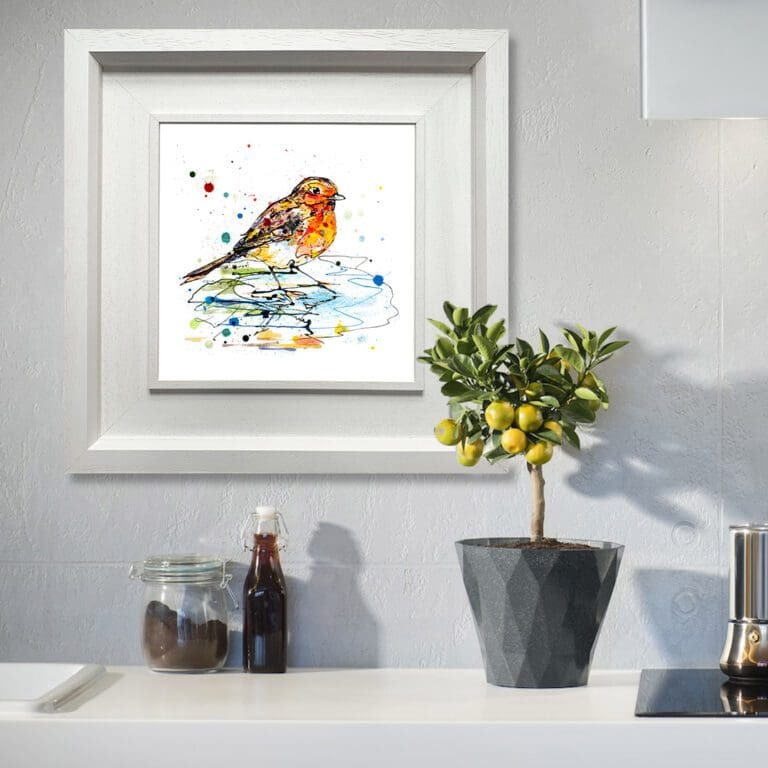 Reflect, a robin print by Kathryn Callaghan in a Deluxe White Frame in Situ