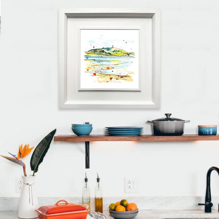 Scrabo from the Lough, a print by Kathryn Callaghan, in a Deluxe White Frame in Situ