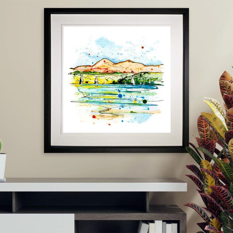 Set Sail, Strangford Lough, a 45cm Kathryn Callaghan landscape Print shown in Deluxe Black Frame in Situ