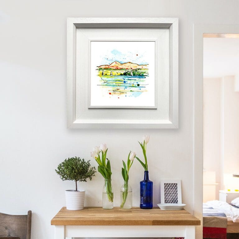 Set Sail, Strangford Lough, a print by Kathryn Callaghan, displayed in a Deluxe White Frame in Situ