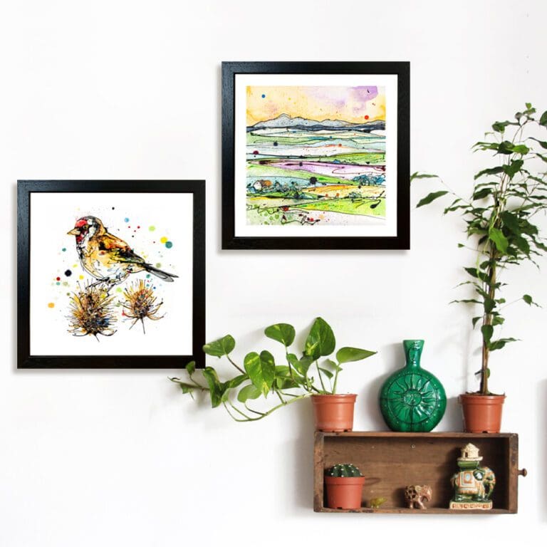 Sundown and Across the Drumlins, prints by Kathryn Callaghan, shown in Standard Black Frames in Situ