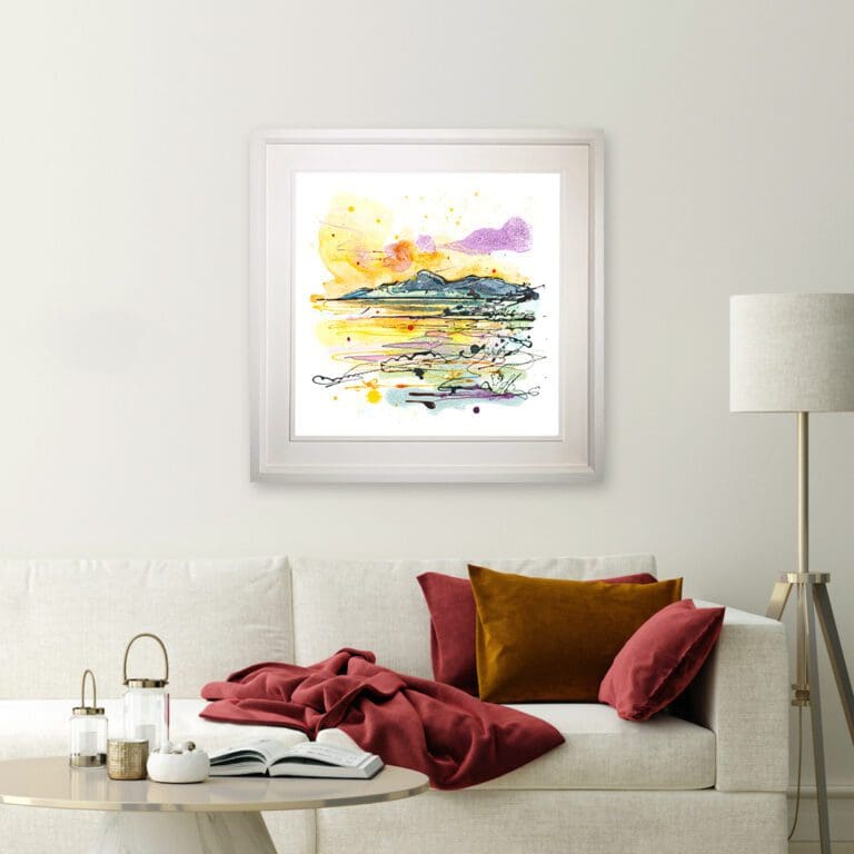 The Mournes at Sunset, a 45cm Kathryn Callaghan landscape Print shown in Deluxe White Frame in Situ