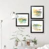 The Mournes at Sunset, Scrabo from the Lough, and Set Sail, Strangford Lough, three Kathryn Callaghan prints, shown in Standard Black Frames in Situ
