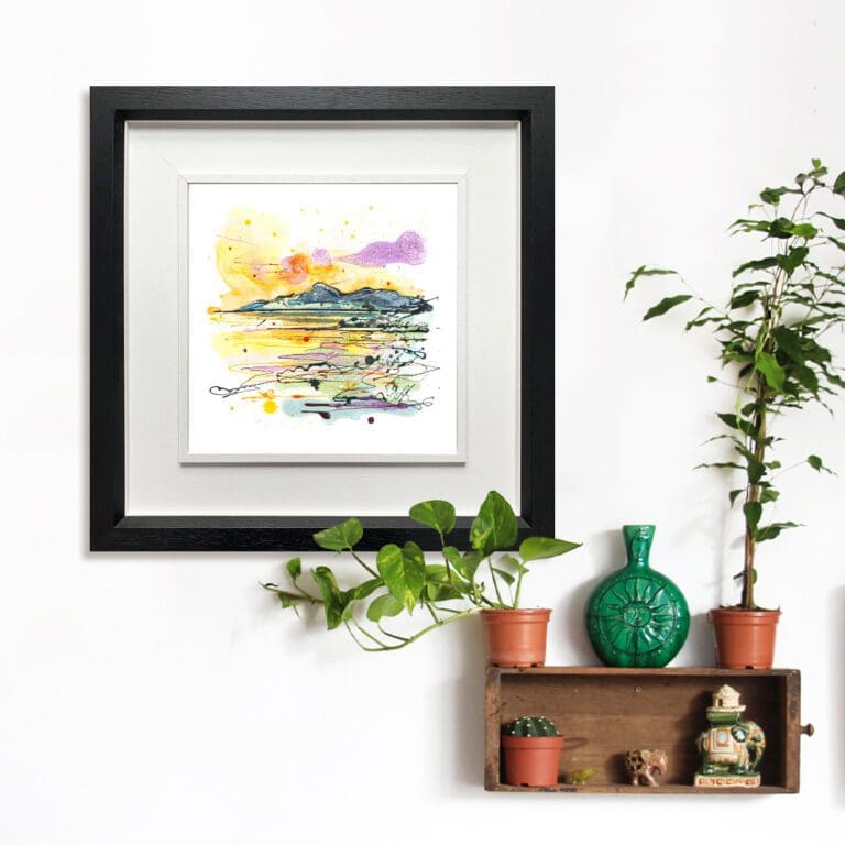 The Mournes at Sunset, a Kathryn Callaghan print, shown in a Deluxe Black Frame in Situ