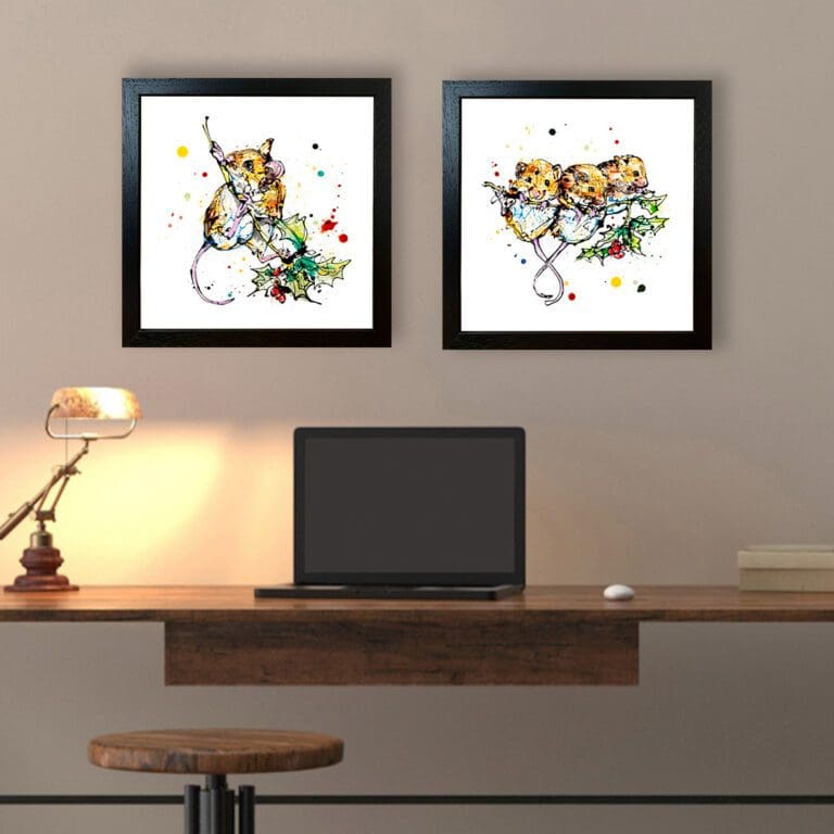 Three Amigos and Just Hanging Around, two mice prints by Kathryn Callaghan, shown in Standard Black Frames in Situ