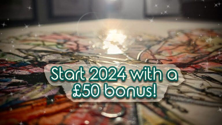 A header image to advertise a special offer from Kathryn Callaghan Fine Art in January 2024, where a user can receive 10000 points worth £50 for use on the website. The image features a close up low angle photo of an embellished print with bright evening light and lens flare highlighting the texture, and digitally added text reading "Start 2024 with a £50 bonus!".