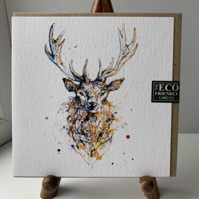 A greetings card featuring a print of a stag named "Aura" by Kathryn Callaghan.