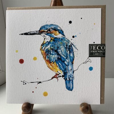 A greetings card featuring a print of a kingfisher named "Daybreak" by Kathryn Callaghan.