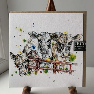 A greetings card featuring a print of three dairy cows named Well, Hello by Kathryn Callaghan.