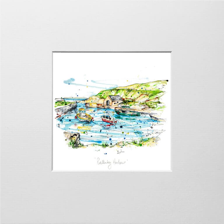 A digital mockup showing how a miniature print of Ballintoy Harbour by Kathryn Callaghan will look presented in a 23cm mount. Ballintoy Harbour features the eponymous historical stone harbour with small fishing boats in the water.