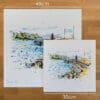 Two prints of Bangor Pier by Kathryn Callaghan to show the size difference between the 45cm print and the 30cm print.