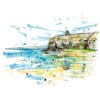 Benone Strand by Kathryn Callaghan, a landscape painting depicting the view of Mussenden Temple atop the cliffs that stand above Benone Strand beach and the North Atlantic Ocean.