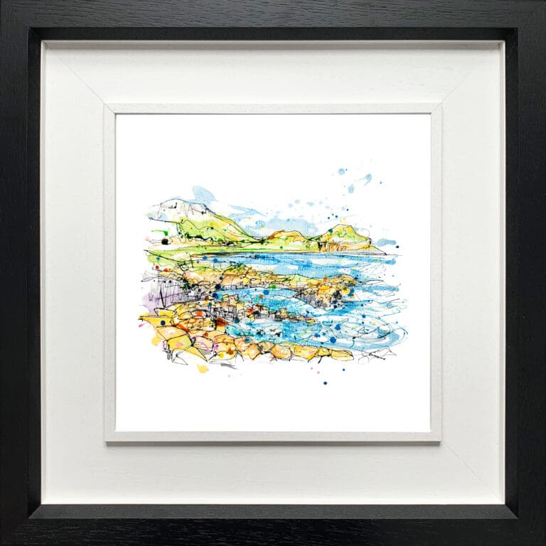 Causeway Rocks, a landscape print by Kathryn Callaghan, presented in a deluxe black frame.