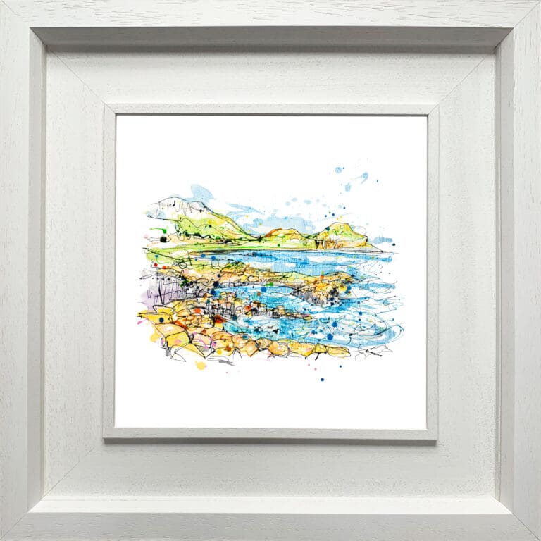 Causeway Rocks, a landscape print by Kathryn Callaghan, presented in a deluxe white frame.