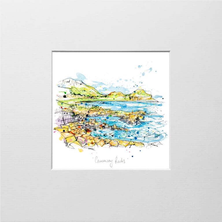 A digital mockup showing how a miniature print of Causeway Rocks by Kathryn Callaghan will look presented in a 23cm mount. Causeway Rocks features the Giants Causeway, Northern Ireland.