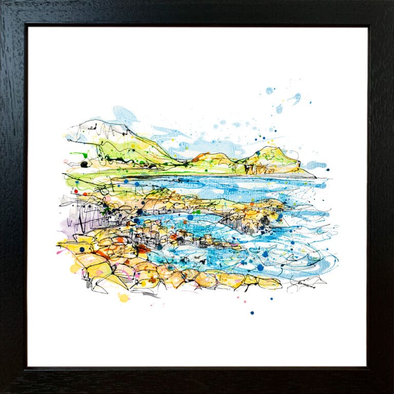 Causeway Rocks, a landscape print by Kathryn Callaghan, presented in a standard black frame.