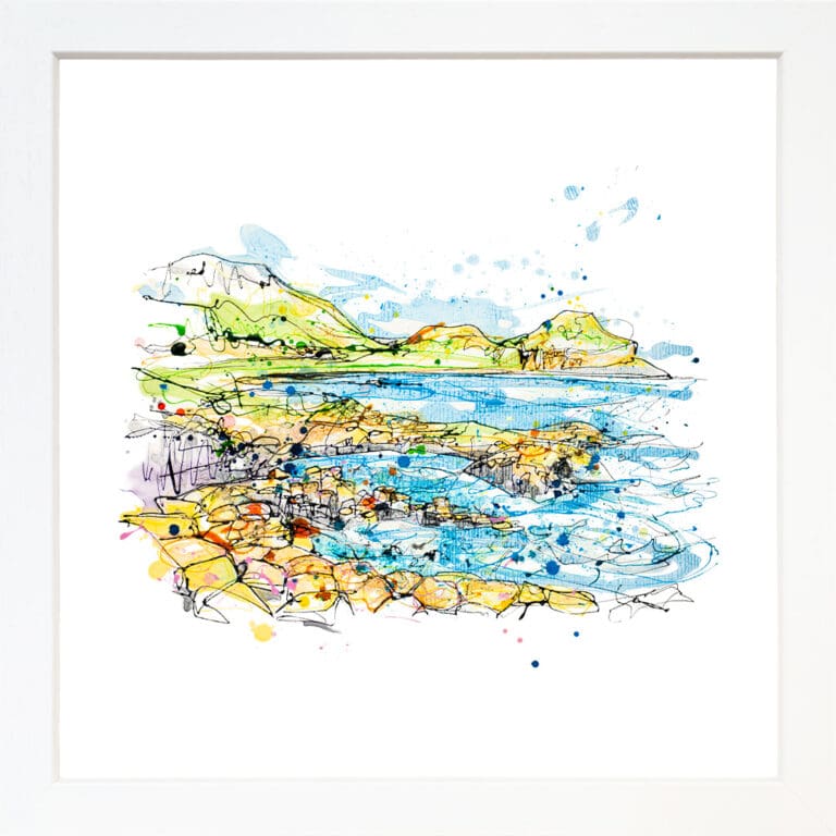 Causeway Rocks, a landscape print by Kathryn Callaghan, presented in a standard white frame.