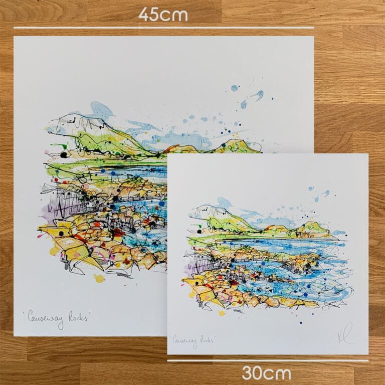 Two prints of Causeway Rocks by Kathryn Callaghan to show the size difference between the 45cm print and the 30cm print.