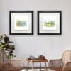 30x30cm prints of Causeway Rocks and Glens of Antrim by Kathryn Callaghan, shown in deluxe black frames in situ.