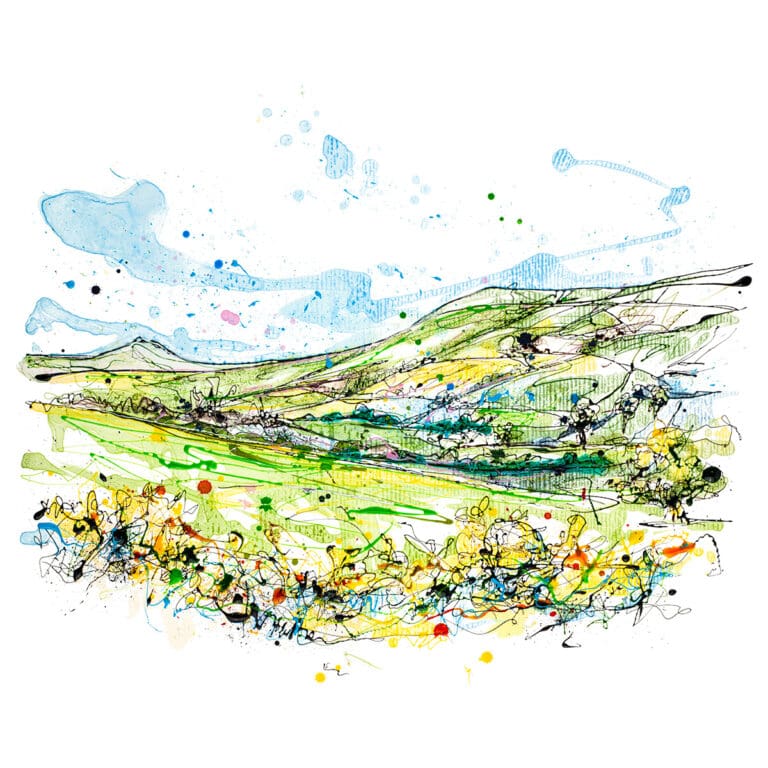 Glens of Antrim by Kathryn Callaghan, a landscape painting depicting the green hills of Cushendall and Cushendun in County Antrim, Northern Ireland.