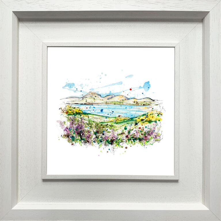 The Mournes from Murlough, a landscape print by Kathryn Callaghan, presented in a deluxe white frame.