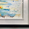 A close up of an original landscape painting by Kathryn Callaghan, showing the double wood frame and artist's signature.